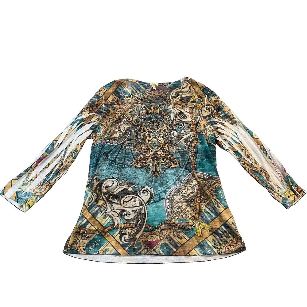 Reba Sequin Beaded Embellished Western Boho Top Shirt Blue Tan Womens Size L